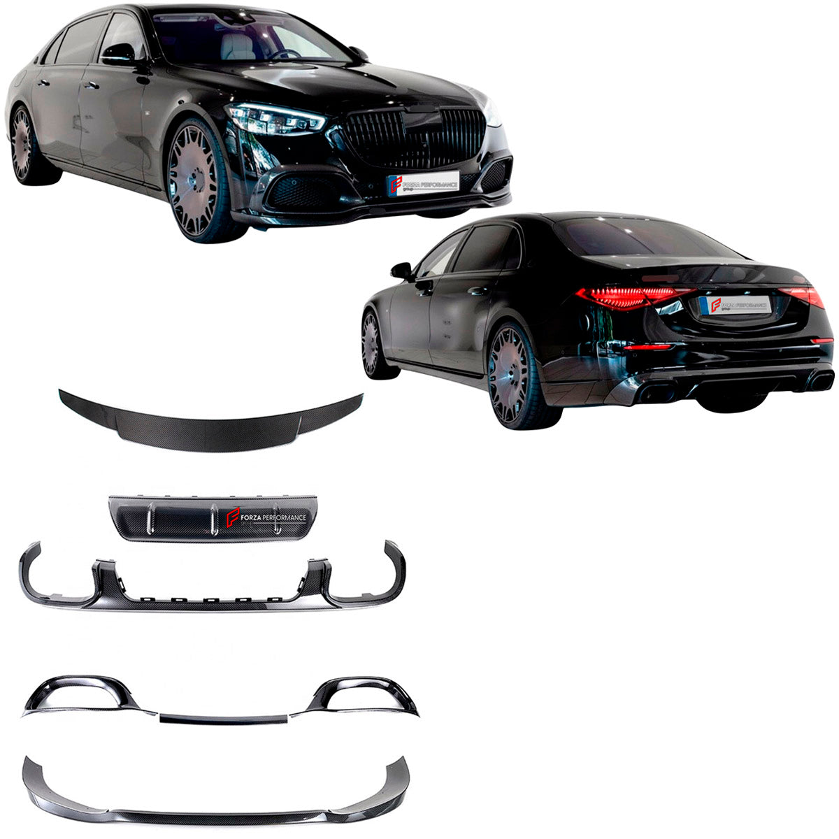 DRY CARBON BODY KIT for Mercedes Benz S Class S680 W223 2020+
Set includes:

Front Lip
Front Bumper Air Vent Cover
Ducktail Spoiler
Rear Bumper Air Vent Cover
Rear Diffuser
Material: Dry Carbon

NOTE: Professional installation is required.