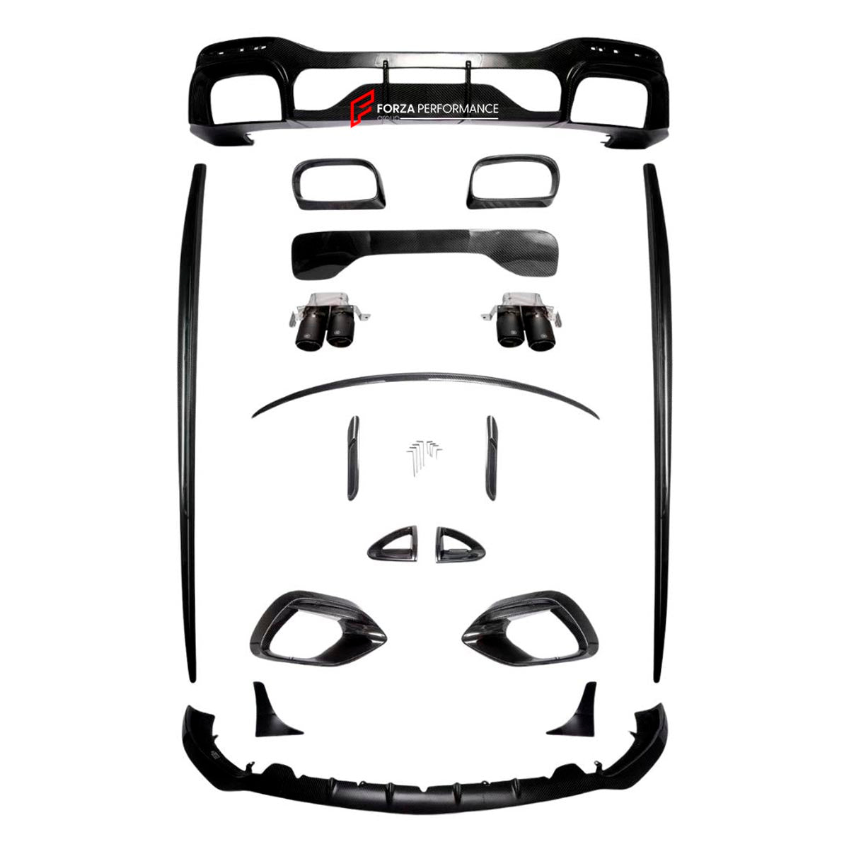 DRY CARBON BODY KIT for MERCEDES BENZ SL 63 R232 2022+ Forza Performance Custom fit
Set includes:

Front Lip
Front Air Intakes
Side Skirts
Rear Diffuser
Rear Spoiler
Exhaust Tips
Material: Dry Carbon

NOTE: Professional installation is required.