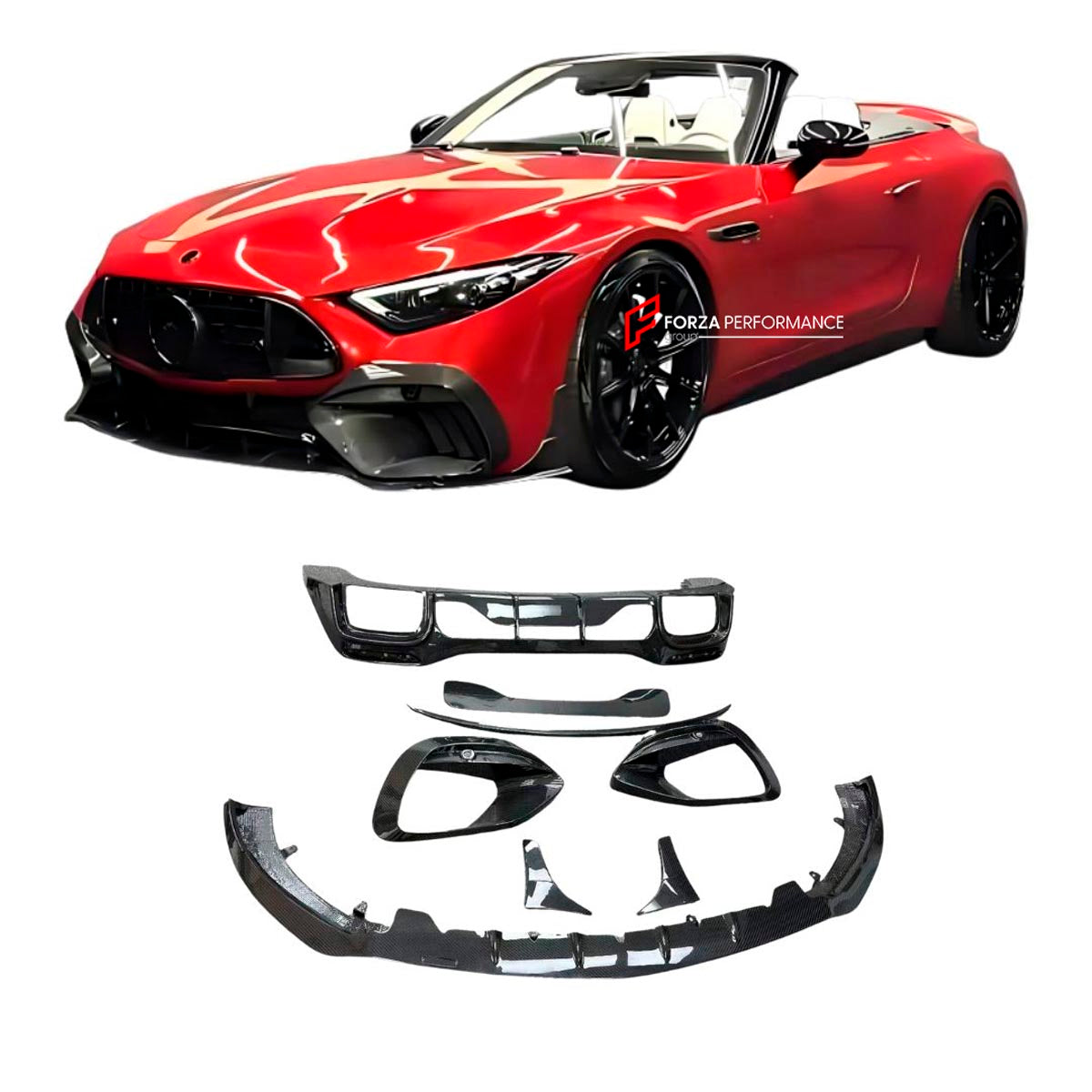 DRY CARBON BODY KIT for MERCEDES BENZ SL 63 R232 2022+ Forza Performance Custom fit
Set includes:

Front Lip
Front Air Intakes
Side Skirts
Rear Diffuser
Rear Spoiler
Exhaust Tips
Material: Dry Carbon

NOTE: Professional installation is required.