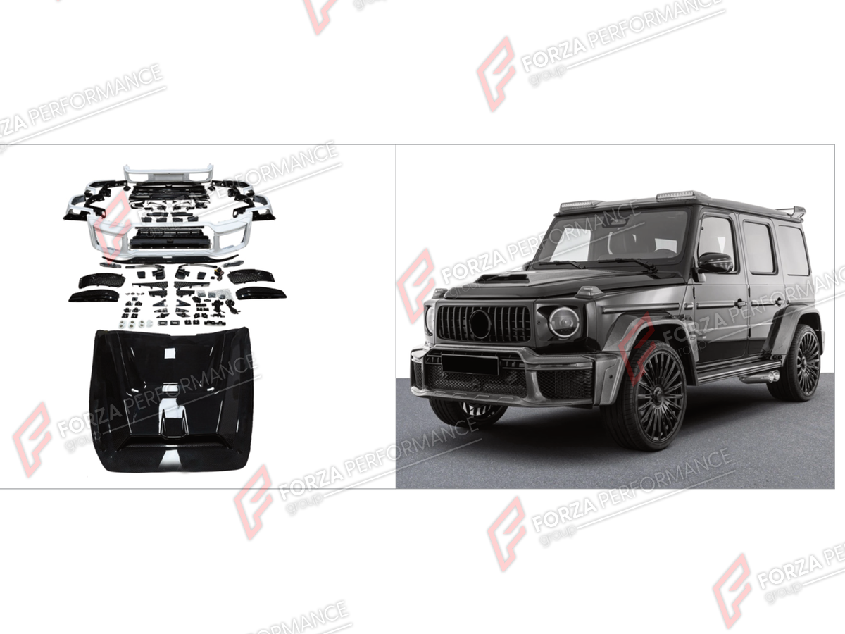 DRY CARBON BODY KIT for MERCEDES-BENZ G-CLASS W465 G63 G450D G500 G550 2025+ FORZA PERFORMANCE custom fit B800
Set includes:

Front Bumper Assembly
Hood Bonnet
Front Fenders
Rear Fenders
Rear Bumper Assembly
Material: Dry Carbon, Plastic

NOTE: Professional installation is required.