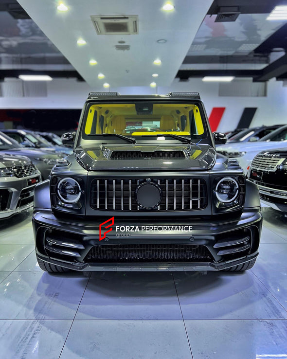 DRY CARBON BODY KIT for MERCEDES-BENZ G-CLASS W463 2019+  Set includes:  Front Hood/Bonnet Front Grille Front Bumper Headlight Covers Roof LED Bar Fender Flares Side Fenders Side Skirts Door Covers Roof Spoiler Rear Bumper Rear Diffuser Exhaust Tips Spare Wheel Tire Cover