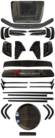 DRY CARBON BODY KIT for MERCEDES-BENZ G-CLASS W463 2019+  Set includes:  Front Hood/Bonnet Front Grille Front Bumper Headlight Covers Roof LED Bar Fender Flares Side Fenders Side Skirts Door Covers Roof Spoiler Rear Bumper Rear Diffuser Exhaust Tips Spare Wheel Tire Cover