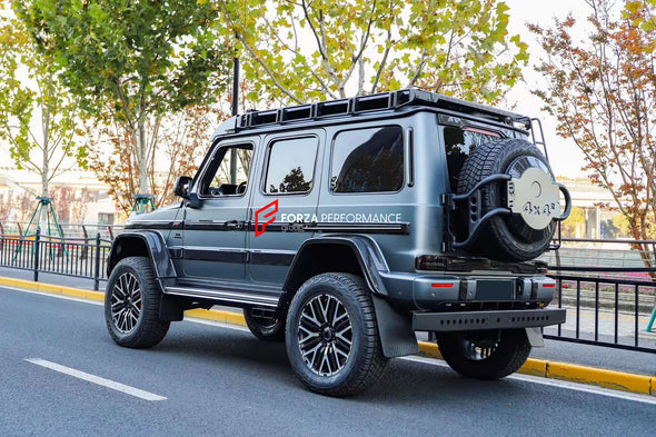 DRY CARBON BODY KIT for MERCEDES-BENZ W464 G63 4x4 G500 G550 2019 - 2022  Set includes:  Hood Front Grille Turn Signal Covers Side Fenders Side Trims Side Moldings Side Skirts Roof LED Bar Roof Rack Roof Ladder Spare Tire Holder Rear Bumper Reinforcement