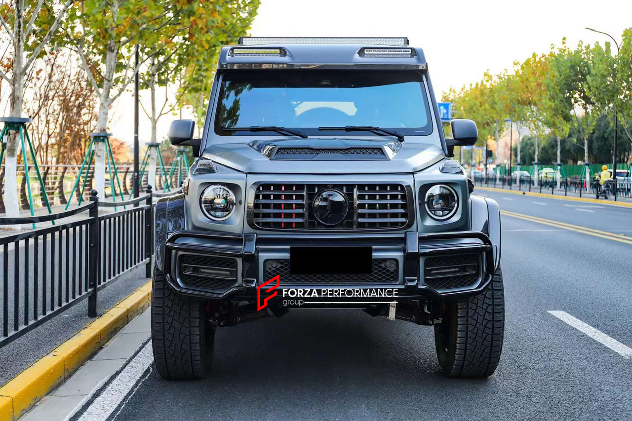 DRY CARBON BODY KIT for MERCEDES-BENZ W464 G63 4x4 G500 G550 2019 - 2022  Set includes:  Hood Front Grille Turn Signal Covers Side Fenders Side Trims Side Moldings Side Skirts Roof LED Bar Roof Rack Roof Ladder Spare Tire Holder Rear Bumper Reinforcement