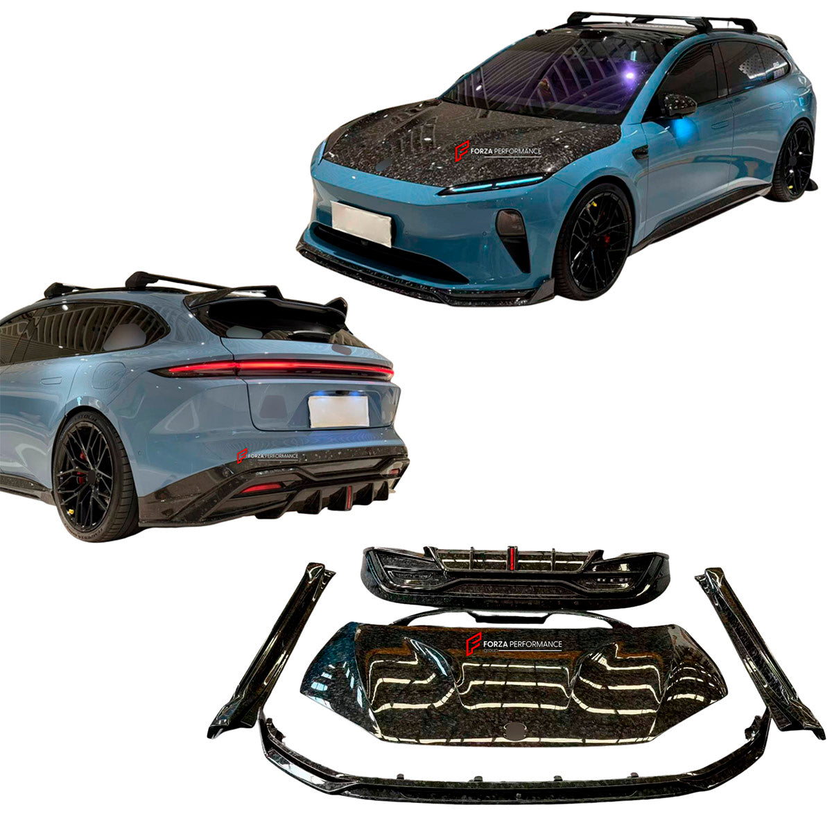 DRY CARBON BODY KIT for Nio ET5 ET5T Touring 2022+
Set includes:

Front Lip
Hood Bonnet
Side Skirts
Rear Diffuser
Material: Dry Carbon

NOTE: Professional installation is required.