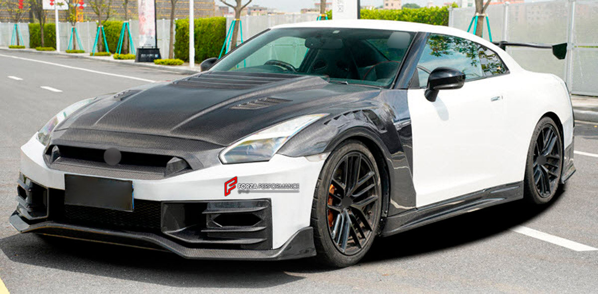 DRY CARBON BODY KIT for Nissan GT-R R35 2007 - 2016
Set includes:

Front Bumper
Front Lip
Front Canards
Hood Bonnet
Side Skirts
Rear Spoiler Wing
Trunk Lid
Rear Diffuser
Rear Bumper
Material: Dry Carbon

NOTE: Professional installation is required.