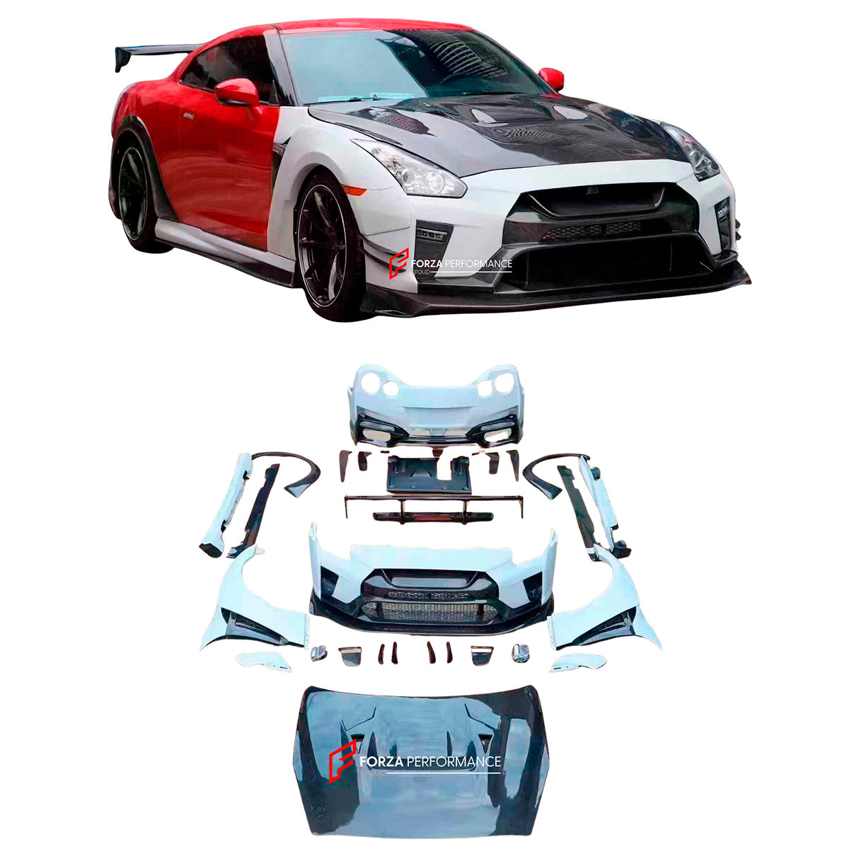 DRY CARBON BODY KIT for NISSAN GT-R R35 FACELIFT 2016 - 2023

Set includes:

Front Bumper Assembly
Front Fog Lights
Canards
Hood Bonnet
Fender Flares
Side Skirts
Spoiler
Rear Bumper Assembly

Material: Carbon

Note: Professional installation is required.

