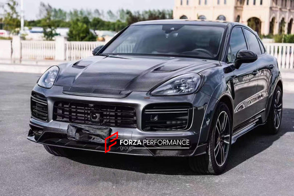DRY CARBON BODY KIT for PORSCHE CAYENNE 9YA 2018+  Set includes:  Hood Headlight Add-ons Front Bumper Air Vents Front Lip Side Skirts Fender Air Vents Roof Spoiler Rear Spoiler Rear Diffuser