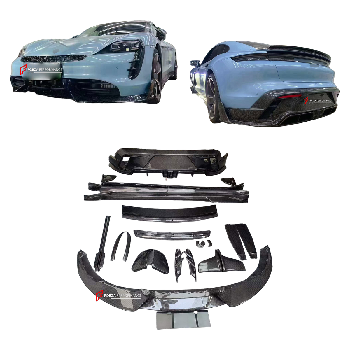 DRY CARBON BODY KIT for PORSCHE TAYCAN J1 2020 - 2024 FORZA PERFORMANCE custom fit MS Style

Set includes:
Front Lip
Front Bumper Center Trim
Headlight Inserts
Side Mirror Covers
Body Side Door Moldings
Side Skirts
Ducktail Spoiler
Rear Diffuser

Material: Dry Carbon, Carbon

NOTE: Professional installation is required.