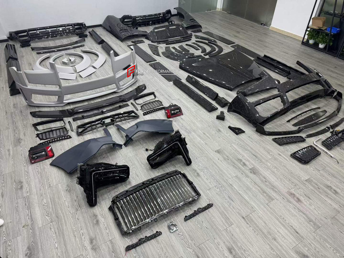 DRY CARBON BODY KIT for ROLLS-ROYCE CULLINAN 2018+ FORZA PERFORMANCE custom fit Mansory Style, 1016 Industries Style

Set includes:
Front Lip
Front Bumper
Front Grille
Headlights
Hood Bonnet
Side Fender Vents
Fender Flares
Body Side Door Moldings
Side Skirts
Roof Spoiler
Ducktail Spoiler
Rear Bumper
Rear Diffuser
Exhaust Tips

Material: Dry Carbon

NOTE: Professional installation is required.