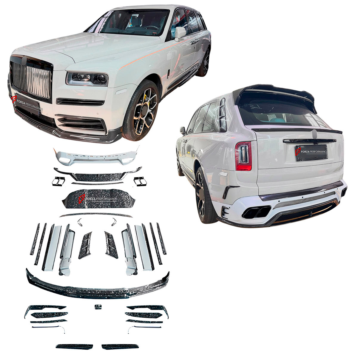DRY CARBON BODY KIT for Rolls Royce Cullinan 2018 - 2024
Set includes:

Front Lip
Front Bumper Air Vent Trims
Side Skirts
Roof Spoiler
Ducktail Spoiler
Rear Bumper
Rear Bumper Fins
Rear Diffuser
Material: Dry Carbon

NOTE: Professional installation is required.