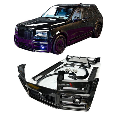 DRY CARBON BODY KIT for ROLLS ROYCE CULLINAN 2018 - 2024

Set includes:

Front Bumper
Front Fenders
Front Fender Flares
Side Skirts
Rear Fender Flares

Roof Spoiler
Rear Spoiler
Rear Bumper
Exhaust Tips

Material: Dry Carbon