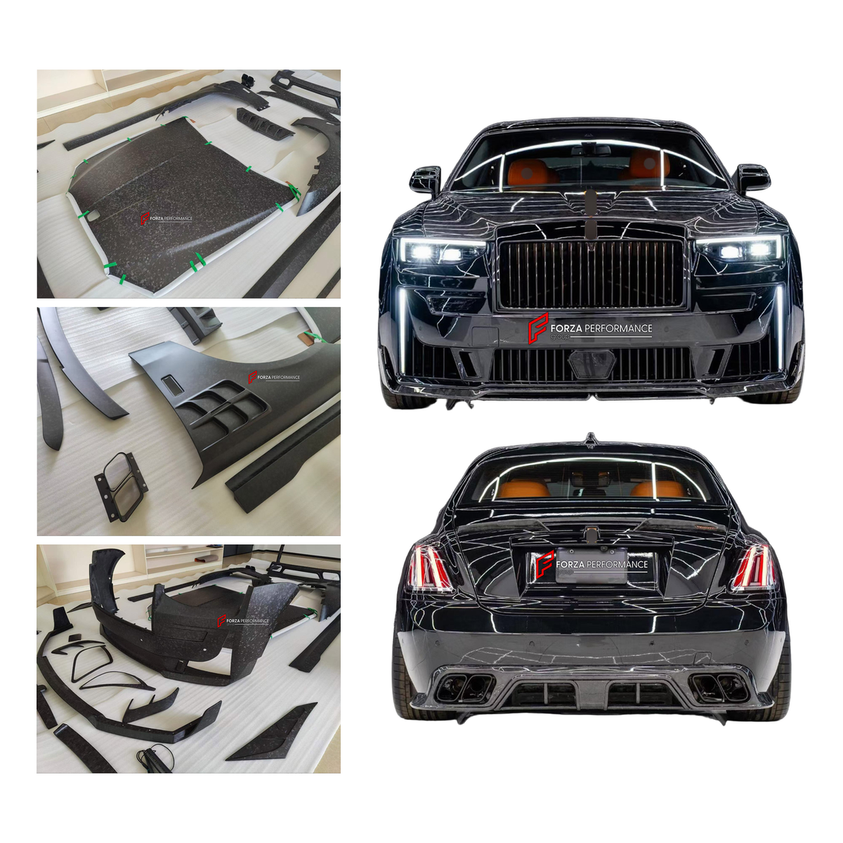 DRY CARBON BODY KIT for ROLLS-ROYCE GHOST II RR21 2020 - 2025
Set includes:

Front Lip
Front Bumper Assembly
Hood Bonnet
Front Fenders
Side Skirts
Ducktail Spoiler
Rear Bumper
Rear Diffuser
Exhaust Tips
Material: Dry Carbon

NOTE: Professional installation is required.