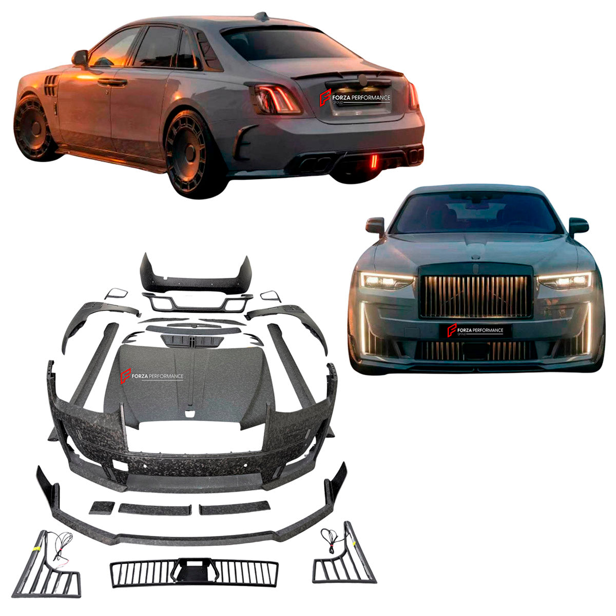 DRY CARBON BODY KIT for ROLLS ROYCE GHOST RR21 FACELIFT 2025+ FORZA PERFORMANCE Mansory+
Set includes:

Front Lip
Front Bumper Assembly
Hood Bonnet
Side Skirts
Ducktail Spoiler
Rear Bumper Assembly
Rear Diffuser
Material: Dry Carbon

NOTE: Professional installation is required.