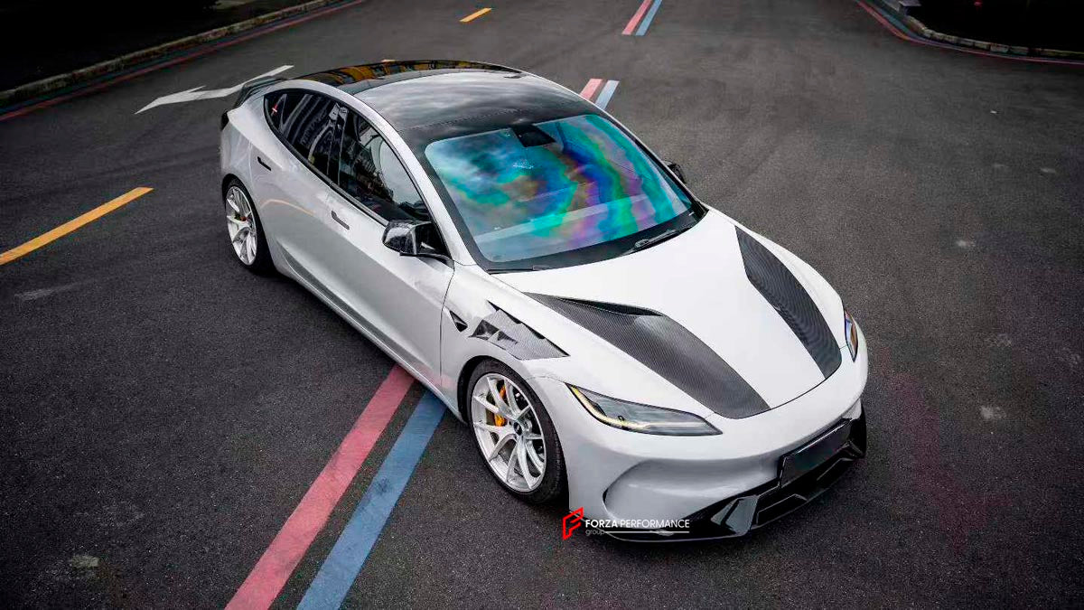 DRY CARBON BODY KIT for TESLA MODEL 3 HIGHLAND 2023+
Set includes:

Hood Bonnet
Front Fenders
Front Bumper
Front Lip
Material: Dry Carbon

NOTE: Professional installation is required.