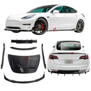 DRY CARBON BODY KIT for Tesla Model 3 V 2017 - 2023
Set includes:

Front Lip
Hood Bonnet
Side Skirts
Ducktail Spoiler
Rear Diffuser
Material: Carbon

NOTE: Professional installation is required.