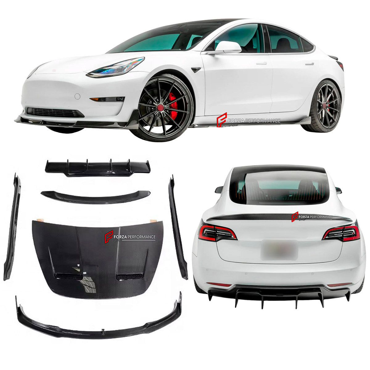 DRY CARBON BODY KIT for Tesla Model 3 V 2017 - 2023
Set includes:

Front Lip
Hood Bonnet
Side Skirts
Ducktail Spoiler
Rear Diffuser
Material: Carbon

NOTE: Professional installation is required.