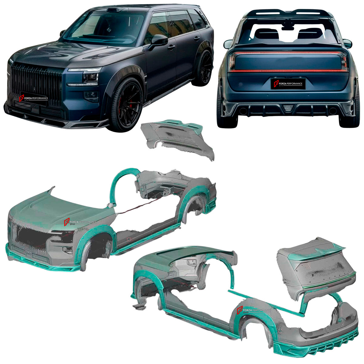 DRY CARBON BODY KIT for ZEEKR 9X 2025+ FORZA PERFORMANCE   custom fit AE Design
Set includes:

Front Lip
Hood Bonnet
Front Fenders
Side Skirts
Rear Fenders
Roof Spoiler
Ducktail Spoiler
Rear Diffuser
Material: Dry Carbon

NOTE: Professional installation is required.