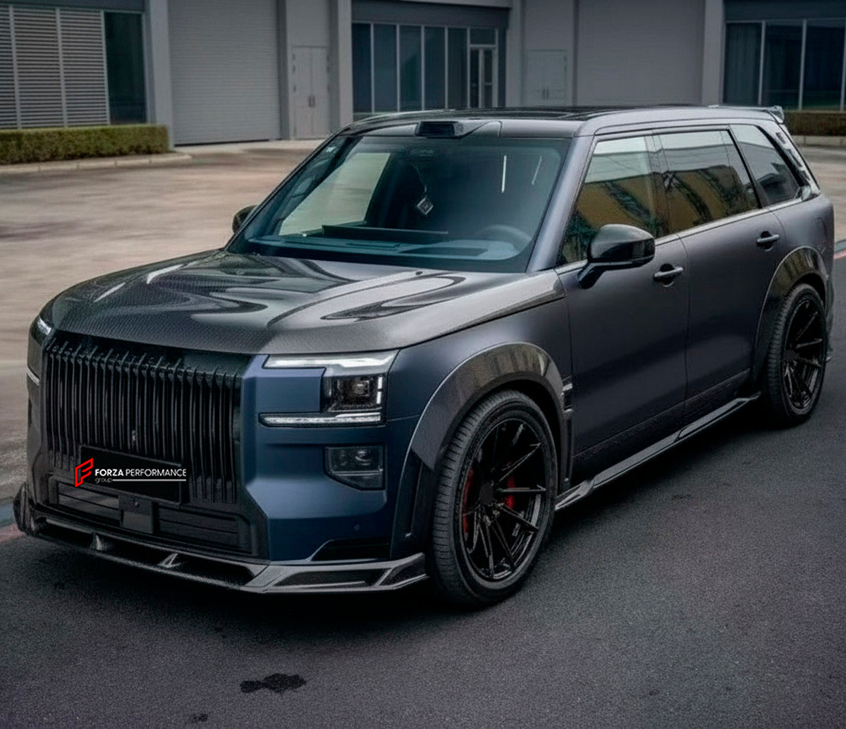 DRY CARBON BODY KIT for ZEEKR 9X 2025+ FORZA PERFORMANCE   custom fit AE Design
Set includes:

Front Lip
Hood Bonnet
Front Fenders
Side Skirts
Rear Fenders
Roof Spoiler
Ducktail Spoiler
Rear Diffuser
Material: Dry Carbon

NOTE: Professional installation is required.