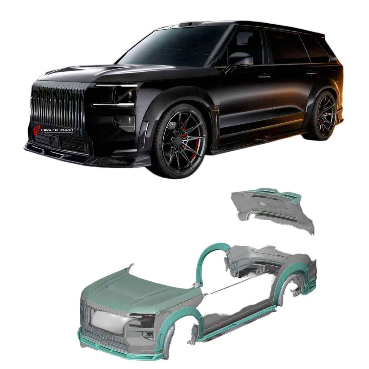 DRY CARBON BODY KIT for ZEEKR 9X 2025+ FORZA PERFORMANCE   custom fit AE Design
Set includes:

Front Lip
Hood Bonnet
Front Fenders
Side Skirts
Rear Fenders
Roof Spoiler
Ducktail Spoiler
Rear Diffuser
Material: Dry Carbon

NOTE: Professional installation is required.