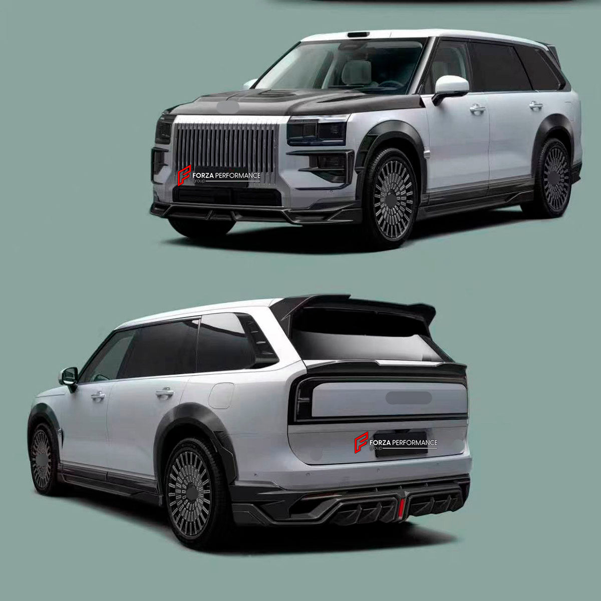 DRY CARBON BODY KIT for ZEEKR 9X 2025+ FORZA PERFORMANCE   custom fit OCEX Design
Set includes:

Front Lip
Front Bumper Vents
Headlight Cover Trim
Hood Bonnet
Front Fenders
Side Skirts
Rear Fenders
Roof Spoiler
Ducktail Spoiler
Rear Diffuser
Material: Dry Carbon

NOTE: Professional installation is required.