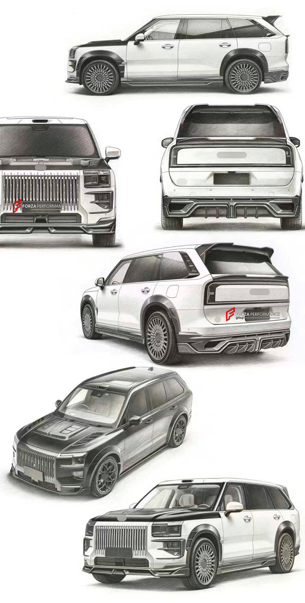DRY CARBON BODY KIT for ZEEKR 9X 2025+ FORZA PERFORMANCE   custom fit OCEX Design
Set includes:

Front Lip
Front Bumper Vents
Headlight Cover Trim
Hood Bonnet
Front Fenders
Side Skirts
Rear Fenders
Roof Spoiler
Ducktail Spoiler
Rear Diffuser
Material: Dry Carbon

NOTE: Professional installation is required.
