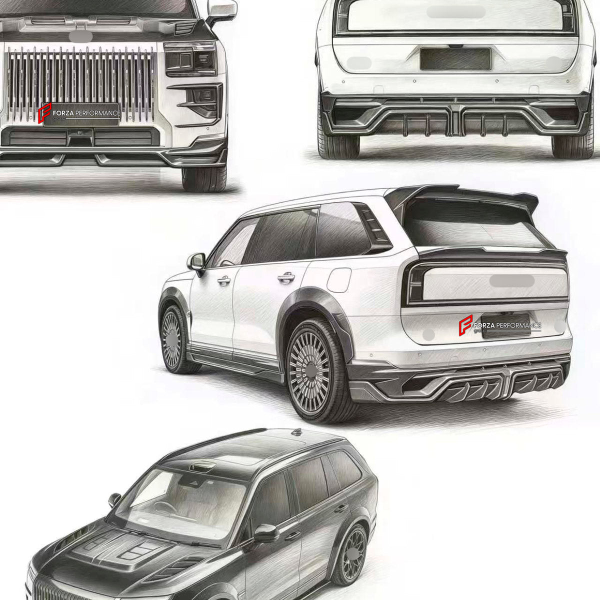 DRY CARBON BODY KIT for ZEEKR 9X 2025+ FORZA PERFORMANCE   custom fit OCEX Design
Set includes:

Front Lip
Front Bumper Vents
Headlight Cover Trim
Hood Bonnet
Front Fenders
Side Skirts
Rear Fenders
Roof Spoiler
Ducktail Spoiler
Rear Diffuser
Material: Dry Carbon

NOTE: Professional installation is required.