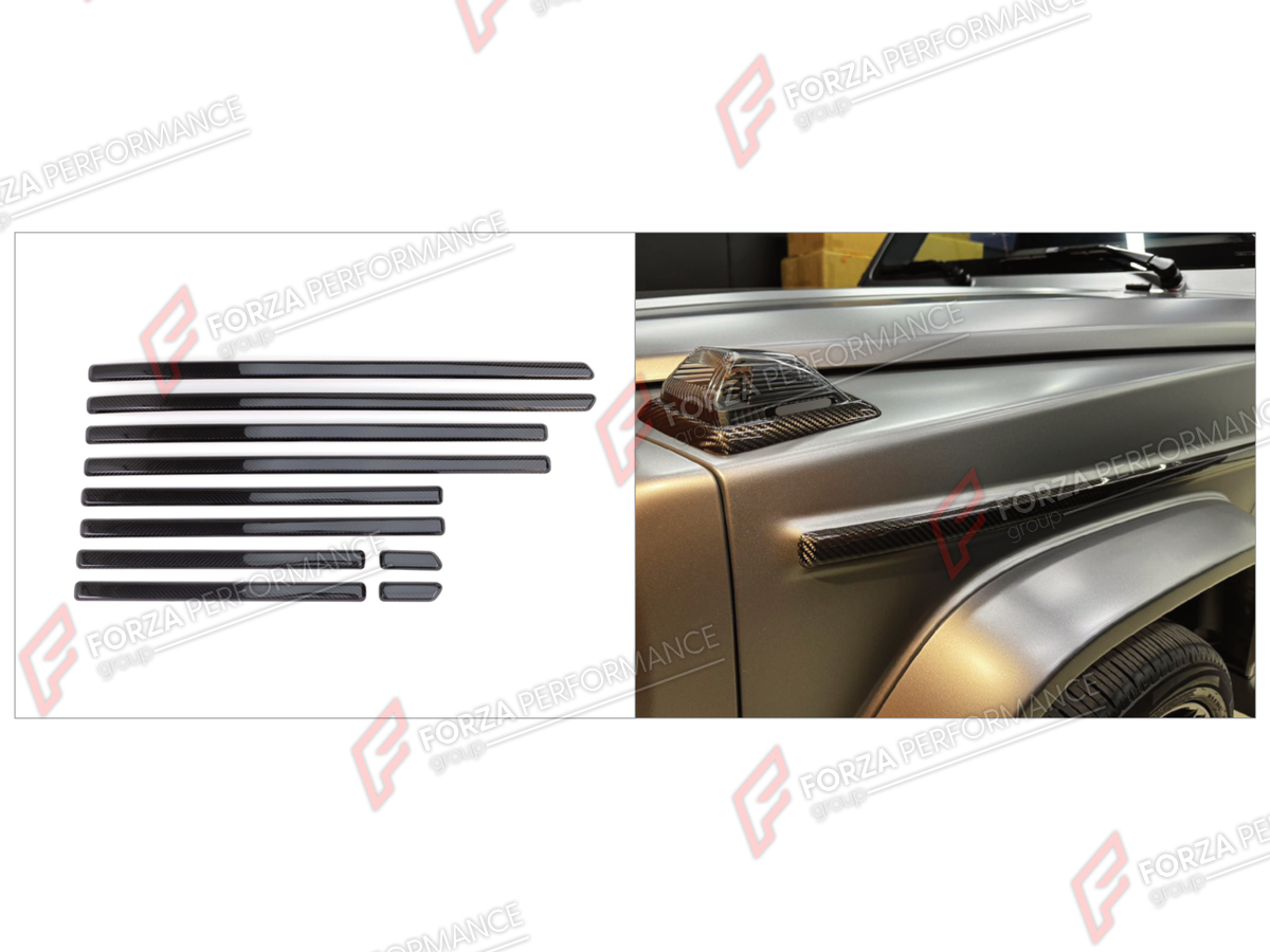 DRY CARBON BODY SIDE DOOR MOLDINGS for MERCEDES-BENZ G-CLASS W464 2019 - 2024 FORZA PERFORMANCE custom fit Flat Style

Set includes:
Body Side Door Moldings

Material: Dry Carbon

NOTE: Professional installation is required.