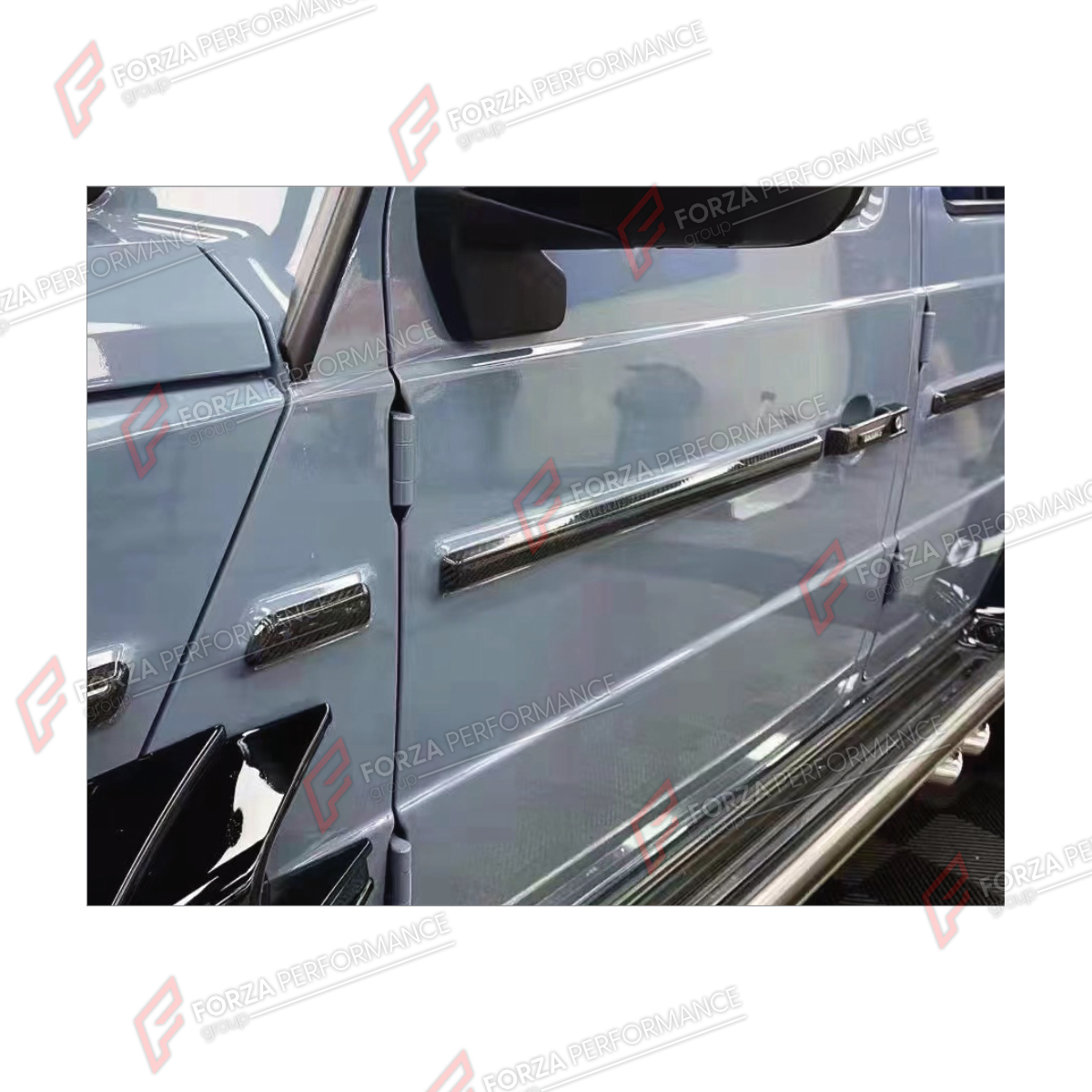 DRY CARBON BODY SIDE DOOR MOLDINGS for MERCEDES-BENZ G-CLASS W464 2019 - 2024 FORZA PERFORMANCE custom fit Bulge Style

Set includes:
Body Side Door Moldings

Material: Dry Carbon

NOTE: Professional installation is required.
