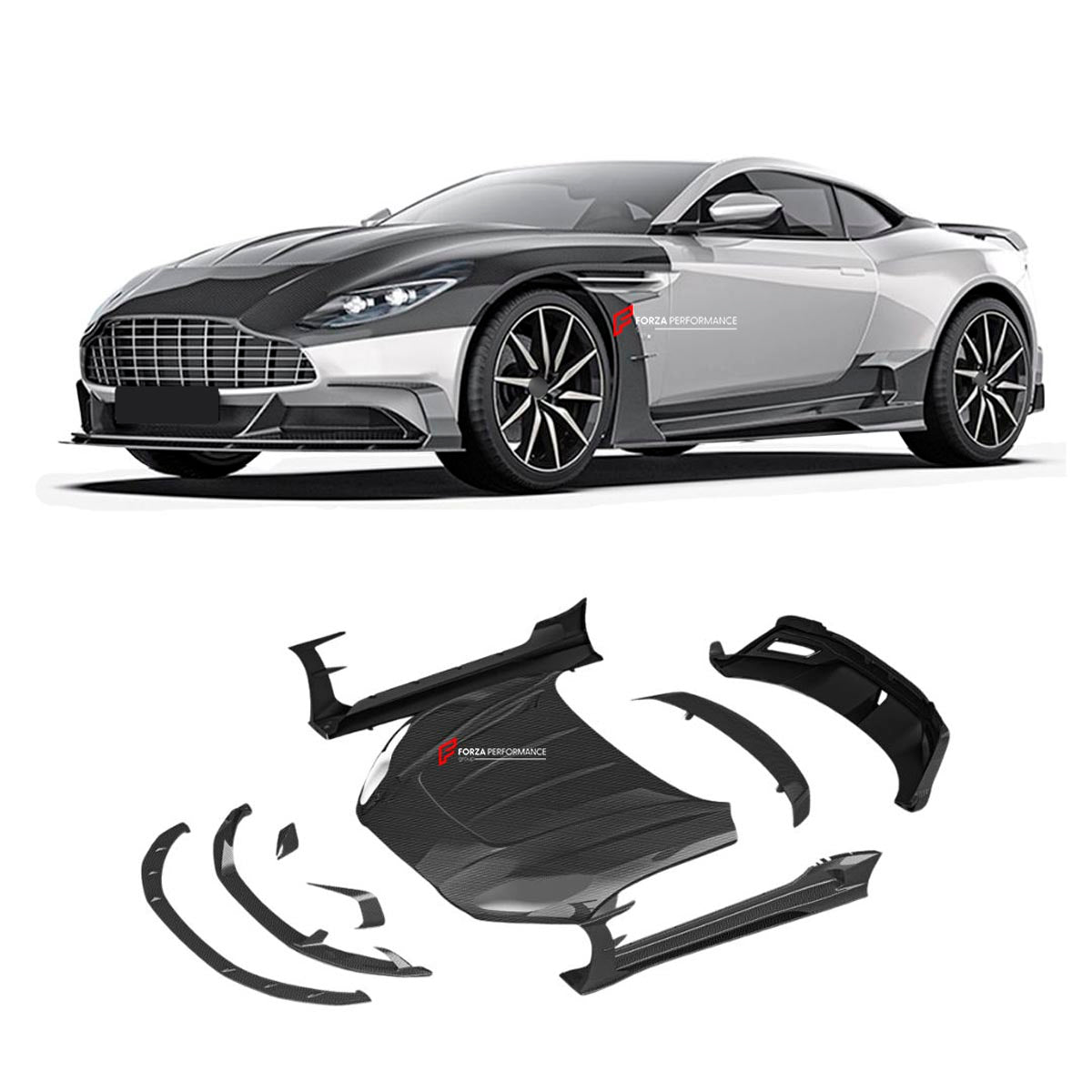 DRY CARBON FIBER BODY KIT for ASTON MARTIN DB11 2016 - 2023
Set includes:

Fender Trims
Front Canards
Front Lip
Hood Bonnet
Lower Front Lip
Lower Side Skirts
Rear Diffuser
Rear Wing Spoiler
Side Skirts
Upper Front Lip
Upper Side Skirts
Material: Dry Carbon

NOTE: Professional installation is required.