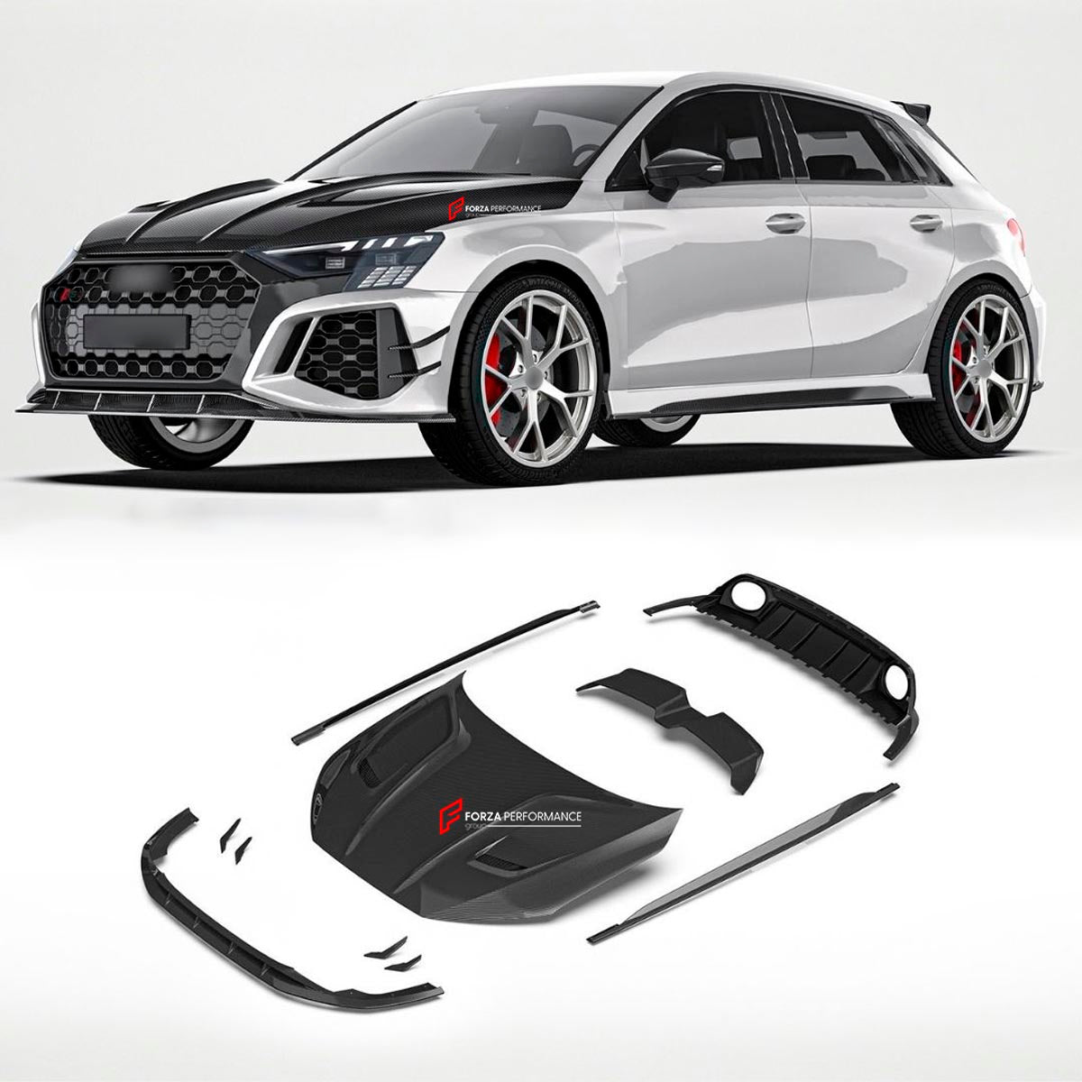 DRY CARBON FIBER BODY KIT for AUDI RS3 8Y 2021 - 2024
Set includes:

Front Canards
Front Lip
Hood Bonnet
Rear Diffuser
Roof Spoiler
Side Mirror Covers
Side Skirts
Material: Dry Carbon

NOTE: Professional installation is required.
