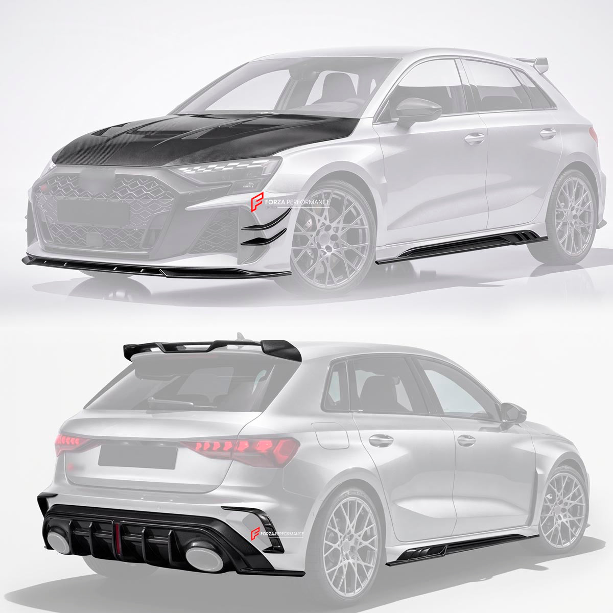DRY CARBON FIBER BODY KIT for AUDI RS3 8Y FACELIFT 2025+
Set includes:

Front Canards
Front Lip
Hood Bonnet
Rear Canards
Rear Diffuser
Roof Spoiler
Side Mirror Covers
Side Skirts
Material: Dry Carbon

NOTE: Professional installation is required.