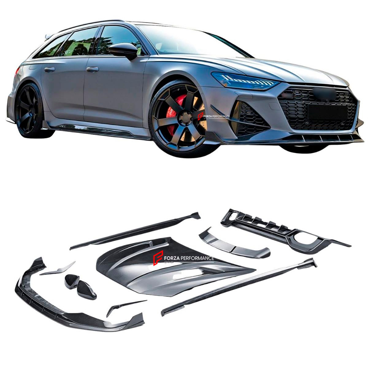 DRY CARBON FIBER BODY KIT for AUDI RS6 C8 2019 - 2023
Set includes:

Front Lip
Front Canards
Hood Bonnet
Side Mirror Covers
Side Skirts
Rear Diffuser
Roof Spoiler
Material: Dry Carbon

NOTE: Professional installation is required.