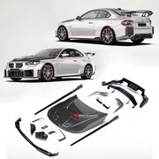 DRY CARBON FIBER BODY KIT for BMW M2 G87 2023+
Set includes:

Front Lip
Front Canards
Front Air Ducts
Hood Bonnet
Side Canards
Side Skirts
Rear Bumper Trims
Rear Canards
Rear Diffuser
Rear Wing Spoiler
Material: Dry Carbon

NOTE: Professional installation is required.