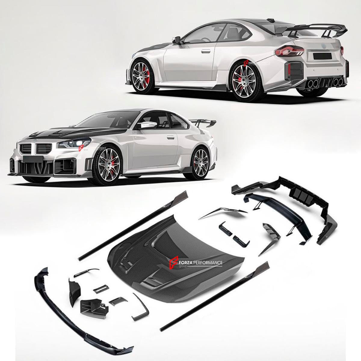 DRY CARBON FIBER BODY KIT for BMW M2 G87 2023+
Set includes:

Front Lip
Front Canards
Front Air Ducts
Hood Bonnet
Side Canards
Side Skirts
Rear Bumper Trims
Rear Canards
Rear Diffuser
Rear Wing Spoiler
Material: Dry Carbon

NOTE: Professional installation is required.