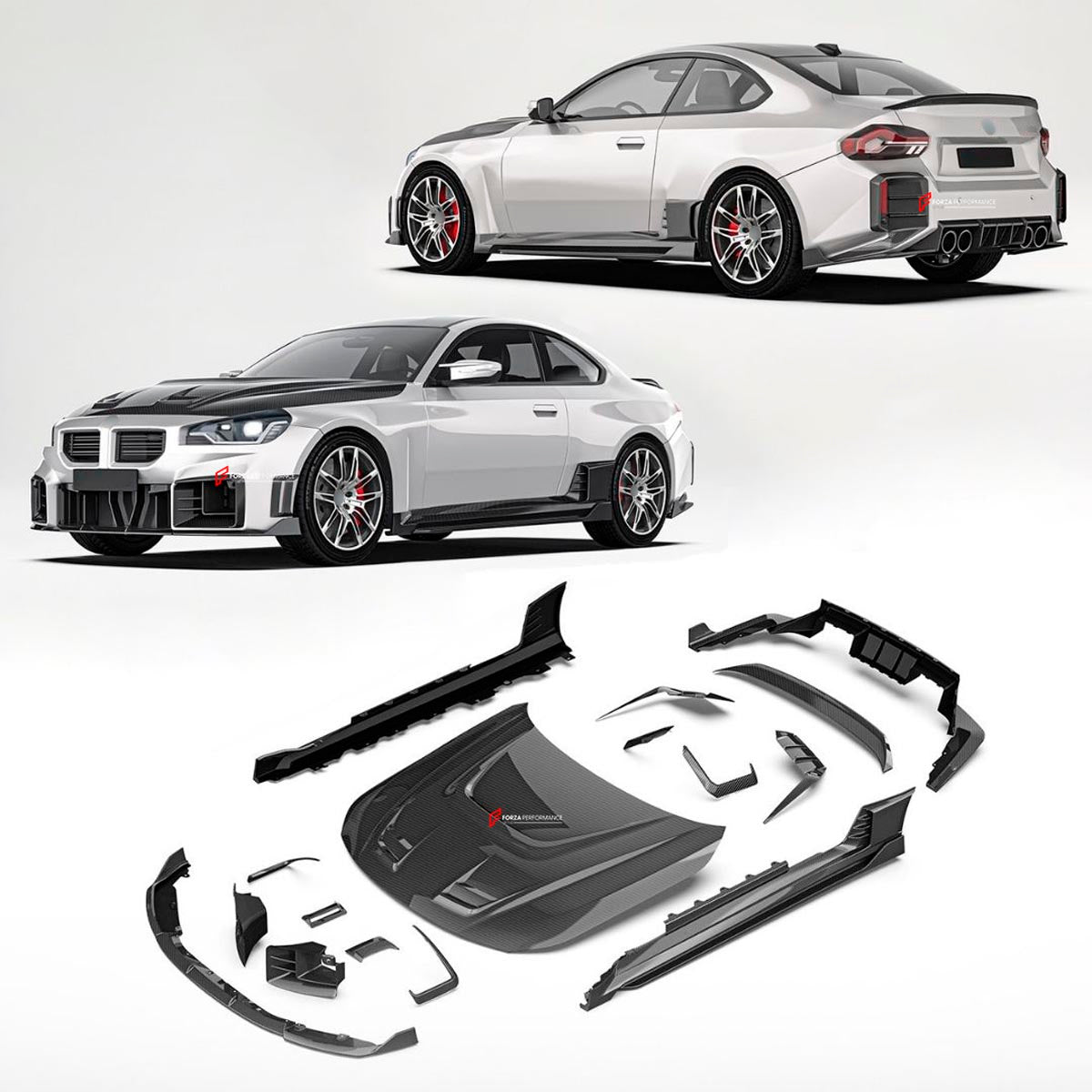 DRY CARBON FIBER BODY KIT for BMW M2 G87 2023+
Set includes:

Front Lip
Front Canards
Front Air Ducts
Hood Bonnet
Side Canards
Side Skirts
Rear Bumper Trims
Rear Canards
Rear Diffuser
Rear Spoiler
Material: Dry Carbon

NOTE: Professional installation is required.