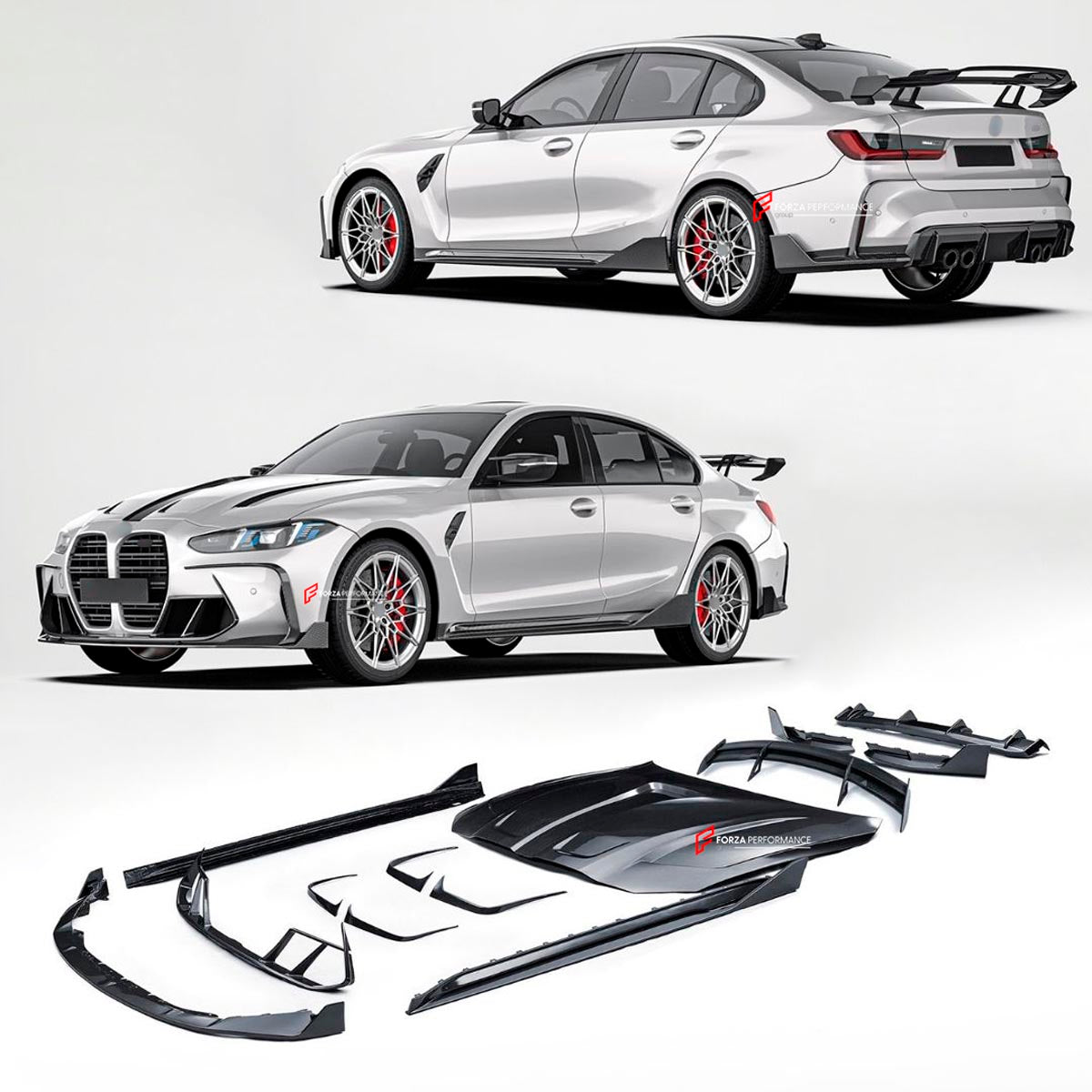 DRY CARBON FIBER BODY KIT for BMW M3 G80 2021+
Set includes:

Front Lip
Front Canards
Side Skirts
Rear Side Splitters
Rear Canards
Rear Diffuser
Rear Wing Spoiler
Material: Dry Carbon

NOTE: Professional installation is required.