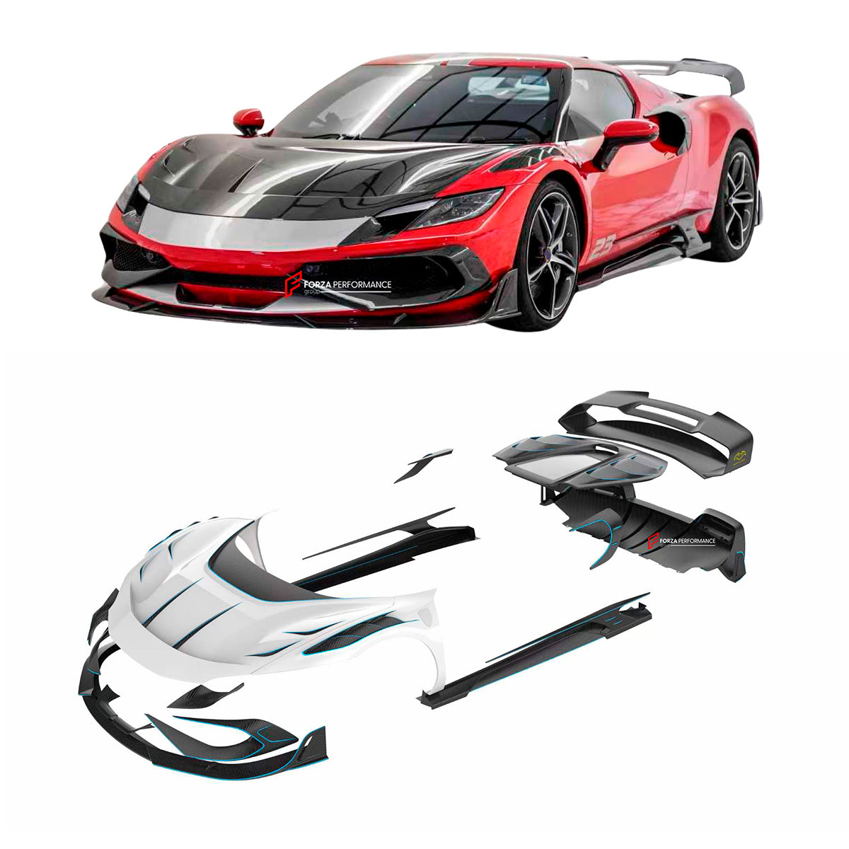 DRY CARBON FIBER BODY KIT for FERRARI 296 GTB

Set includes:
Front Hood/Bonnet
Front Lip
Front Bumper Air Vents
Side Skirts
Side Air Scoop
Rear Trunk Cover
Rear Spoiler
Rear Diffuser
Material: Dry Carbon Fiber

NOTE: Very Professional installation is required.