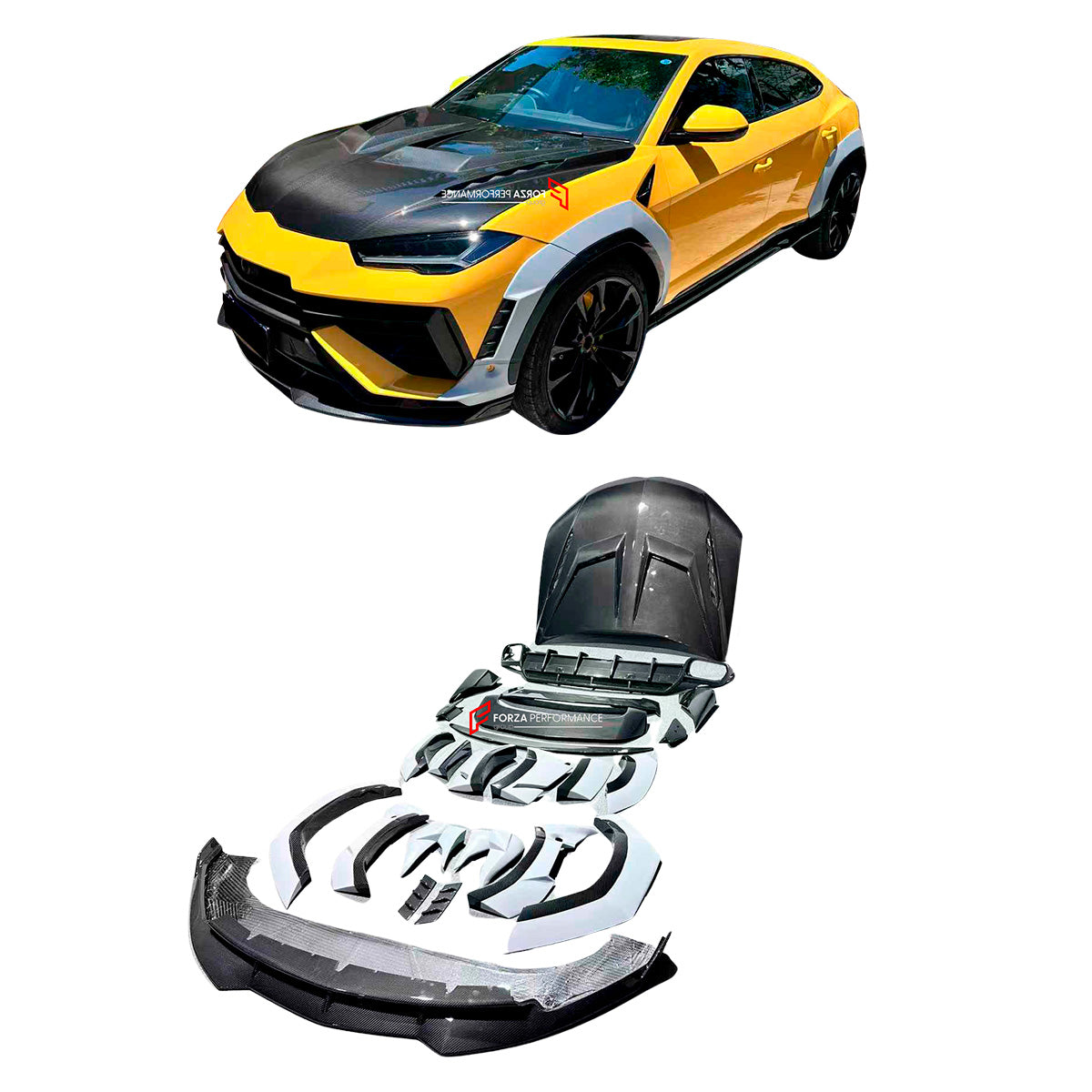 CARBON FIBER BODY KIT for LAMBORGHINI URUS S 2023-2024

Set includes:

Front Lip
Hood / Bonnet
Fender Flares
Roof Spoiler
Rear Spoiler
Rear Diffuser

Material: Carbon Fiber

NOTE: Professional installation is required.
