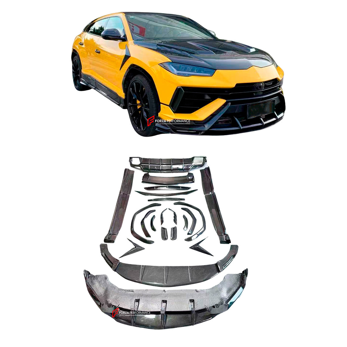 CARBON FIBER BODY KIT for LAMBORGHINI URUS S 2023-2024
Set includes:
Front Lip
Front Fender Trims
Fender Flares
Rear Bumper Trims
Side Skirts
Roof Spoiler
Rear Spoiler
Rear Bumper Central Pad
Rear Diffuser
Material: Carbon Fiber
