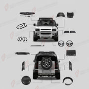 DRY CARBON FIBER BODY KIT for LAND ROVER DEFENDER 90 110 L663 2020+
Set includes:

Front Grille Trim
Hood Bonnet
Hood Vent Covers
Fender Flares
Side Storage Box
Spare Wheel Tire Cover
Steering Wheel
Interior Trim Kit
Roof Spoiler with Light
Material: Dry Carbon Fiber

NOTE: Professional installation is required.