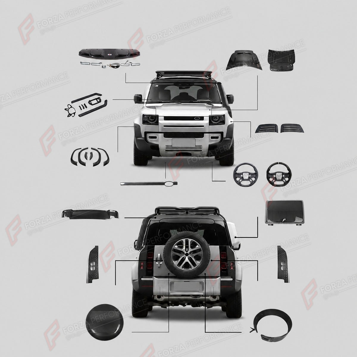 DRY CARBON FIBER BODY KIT for LAND ROVER DEFENDER 90 110 L663 2020+
Set includes:

Front Grille Trim
Hood Bonnet
Hood Vent Covers
Fender Flares
Side Storage Box
Spare Wheel Tire Cover
Steering Wheel
Interior Trim Kit
Roof Spoiler with Light
Material: Dry Carbon Fiber

NOTE: Professional installation is required.