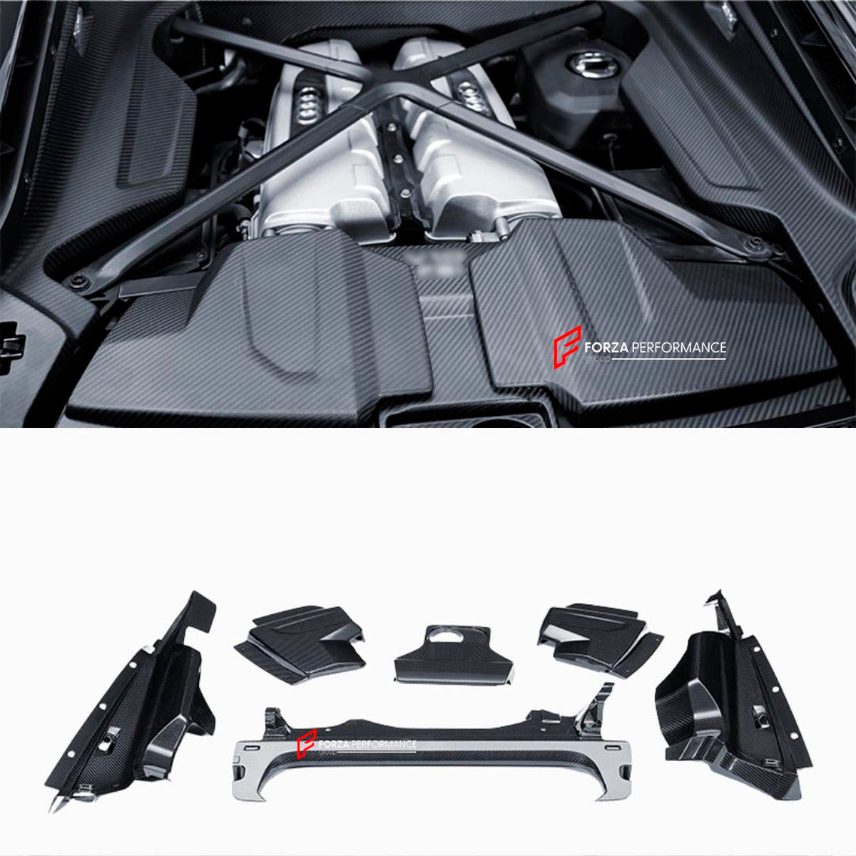 DRY CARBON FIBER ENGINE BAY COVERS for AUDI R8 4S FACELIFT 2019 - 2023
Set includes:

Engine Bay Covers
Material: Dry Carbon

NOTE: Professional installation is required.