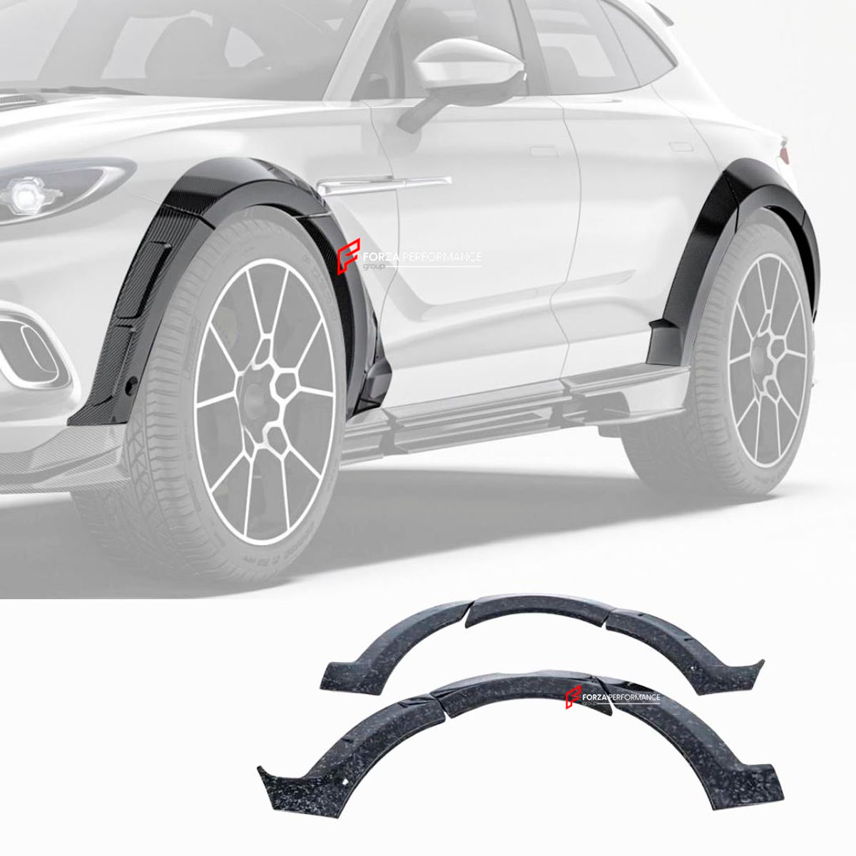 DRY CARBON FIBER FENDER FLARES for ASTON MARTIN DBX 2020+
Set includes:

Fender Flares
Material: Dry Carbon

NOTE: Professional installation is required.