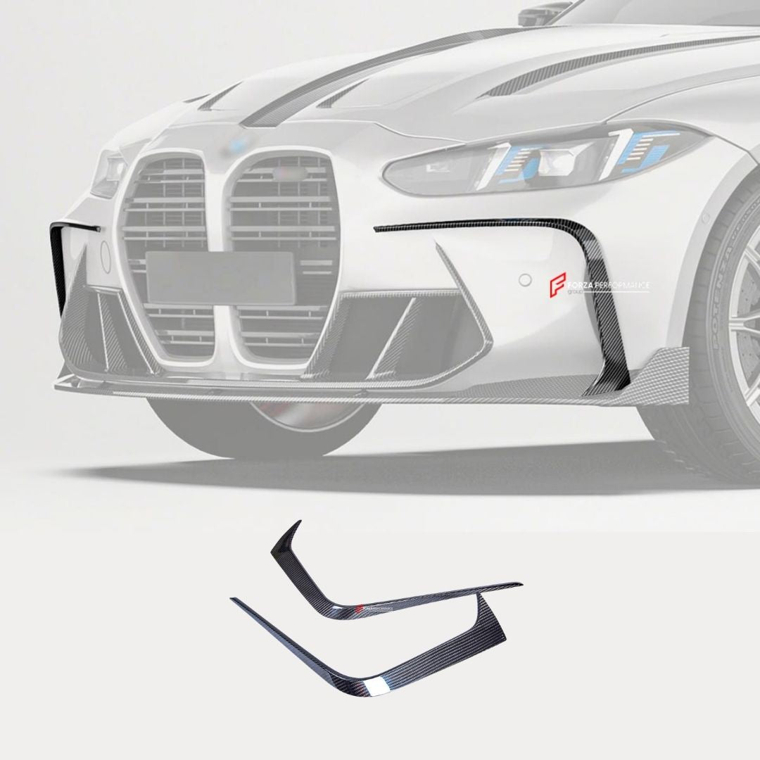 DRY CARBON FIBER FRONT CANARDS for BMW M3 G80 2021+
Set includes:

Front Canards
Material: Dry Carbon

NOTE: Professional installation is required.