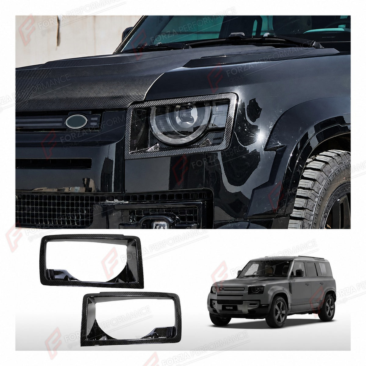 DRY CARBON FIBER HEADLIGHT TRIMS for LAND ROVER DEFENDER 90 110 130 L663 2020+
Set includes:

Headlight Trims
Material: Dry Carbon Fiber

NOTE: Professional installation is required.