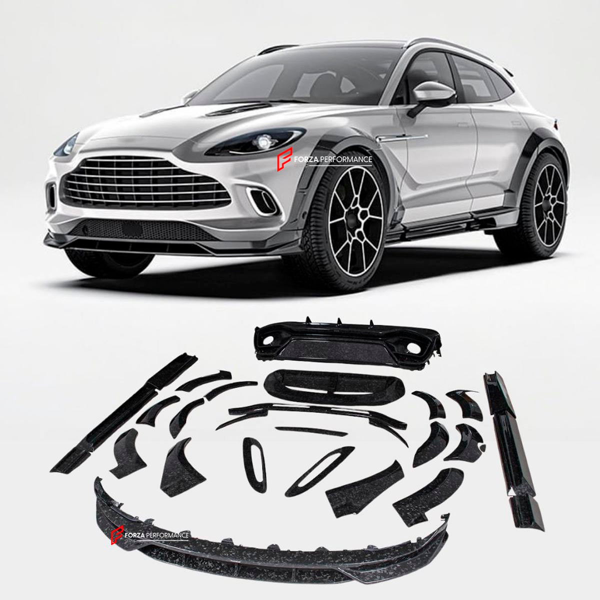 DRY CARBON FIBER WIDE BODY KIT for ASTON MARTIN DBX 2020+
Set includes:

Fender Flares
Front Lip
Hood Vents
Rear Diffuser
Rear Spoiler
Roof Spoiler
Side Skirts
Tailgate Trim Panel
Material: Dry Carbon

NOTE: Professional installation is required.