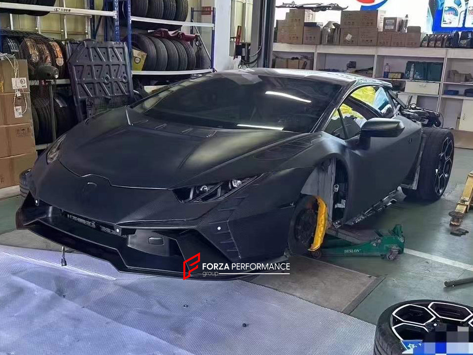 DRY CARBON FIBER WIDE BODY KIT for LAMBORGHINI HURACAN LP610 LP580 EVO 2015 - 2022  Set includes:  Front Bumper Front Hood/Bonnet Rear Spoiler Rear Bumper Rear Engine Cover Exhaust Tips