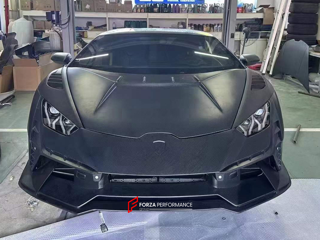 DRY CARBON FIBER WIDE BODY KIT for LAMBORGHINI HURACAN LP610 LP580 EVO 2015 - 2022  Set includes:  Front Bumper Front Hood/Bonnet Rear Spoiler Rear Bumper Rear Engine Cover Exhaust Tips
