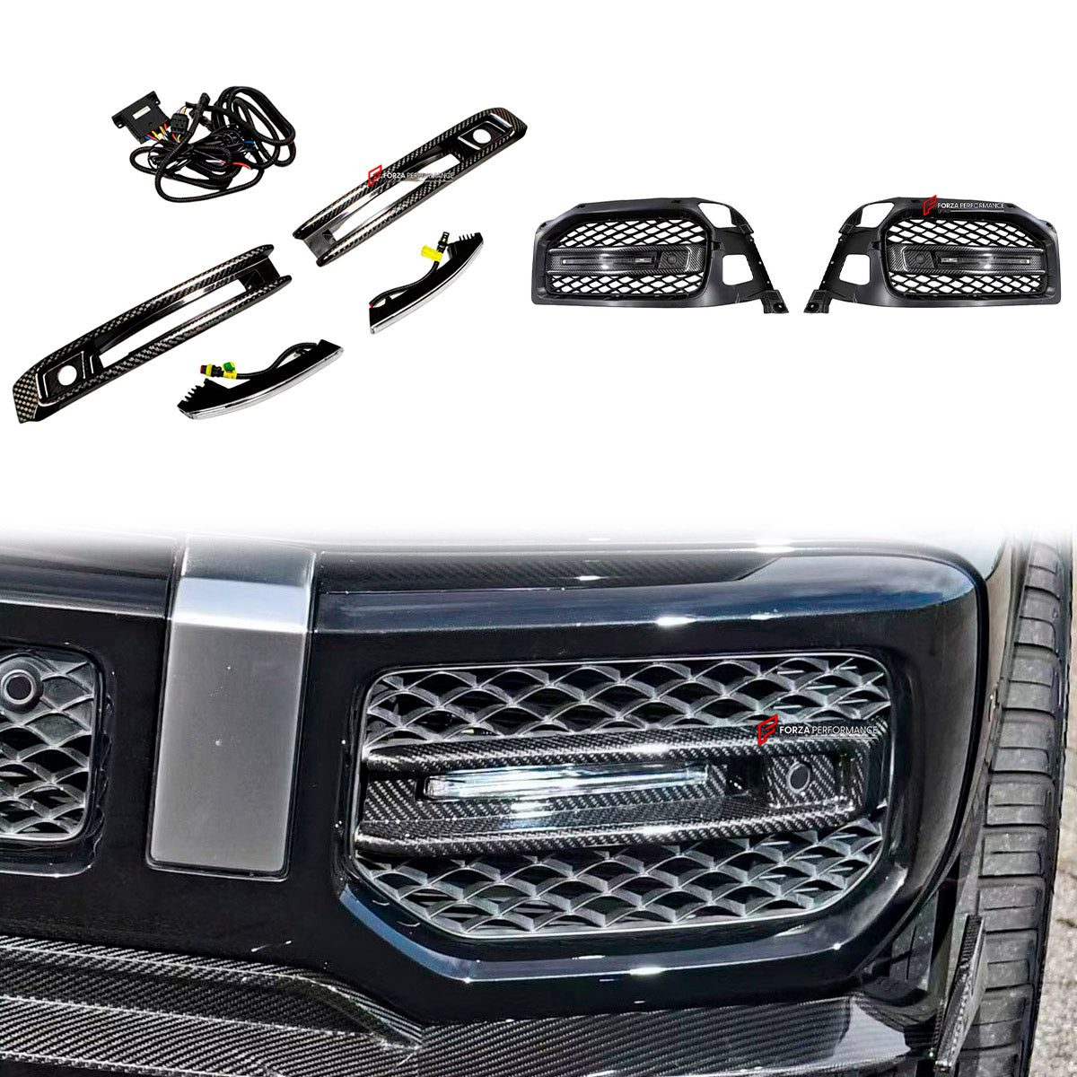DRY CARBON Front Bumber Air Vents for Mercedes Benz W464 G63 2018 - 2024
Set includes:

Front Bumber Air Vents
Led Lights
Material: Dry Carbon

NOTE: Professional installation is required.